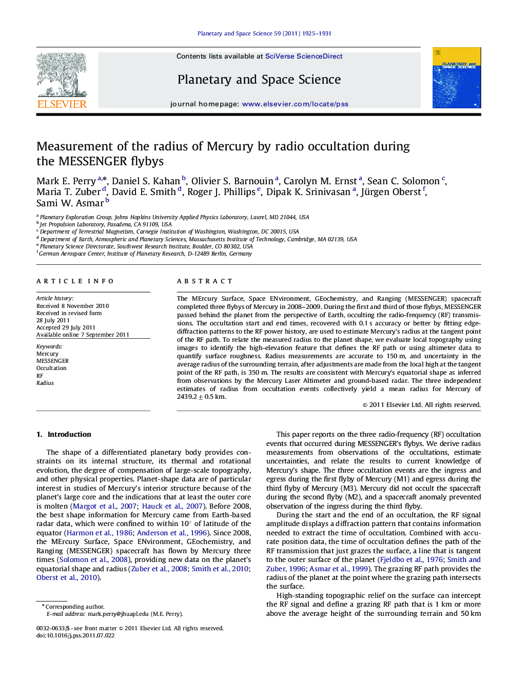 Measurement of the radius of Mercury by radio occultation during the MESSENGER flybys