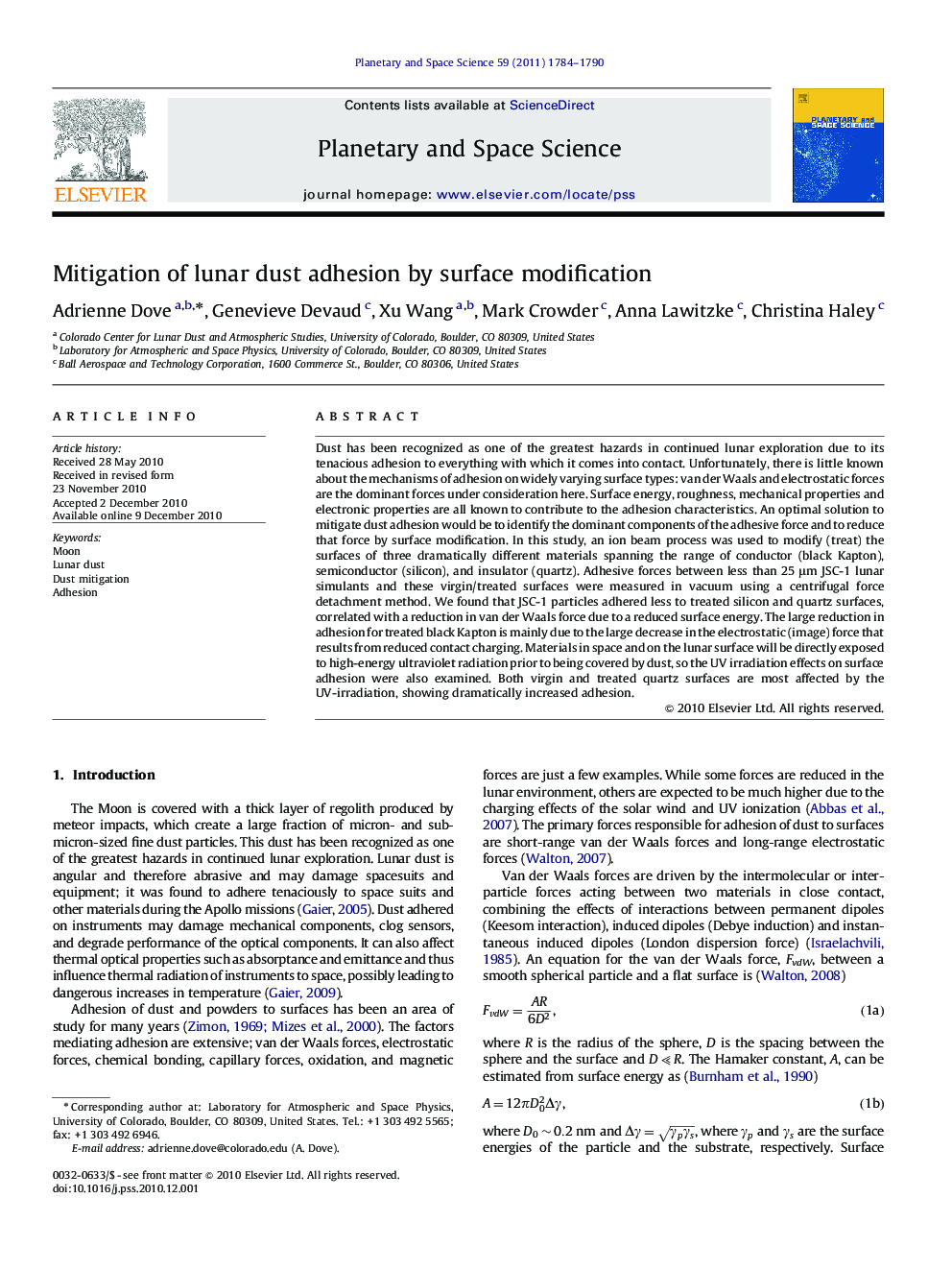 Mitigation of lunar dust adhesion by surface modification