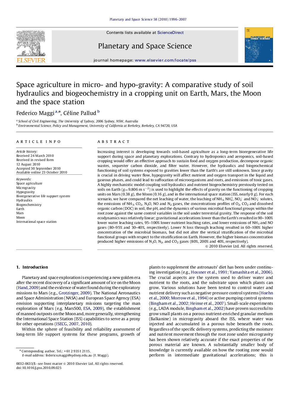 Space agriculture in micro- and hypo-gravity: A comparative study of soil hydraulics and biogeochemistry in a cropping unit on Earth, Mars, the Moon and the space station