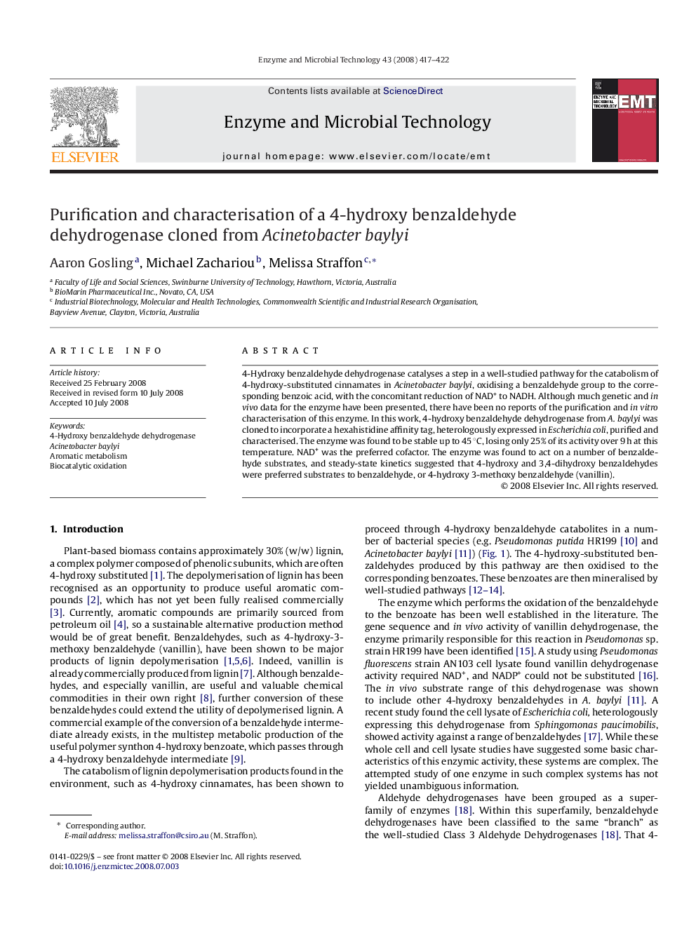 Purification and characterisation of a 4-hydroxy benzaldehyde dehydrogenase cloned from Acinetobacter baylyi