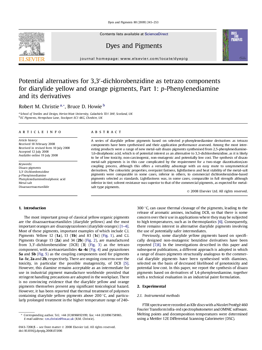 Potential alternatives for 3,3′-dichlorobenzidine as tetrazo components for diarylide yellow and orange pigments, Part 1: p-Phenylenediamine and its derivatives