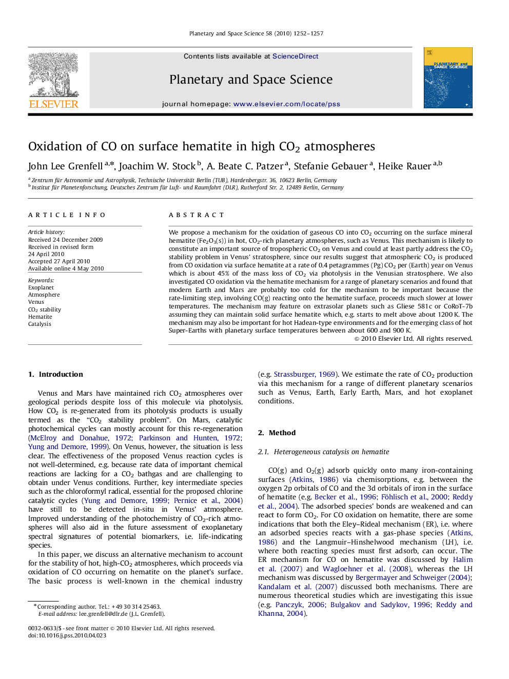 Oxidation of CO on surface hematite in high CO2 atmospheres