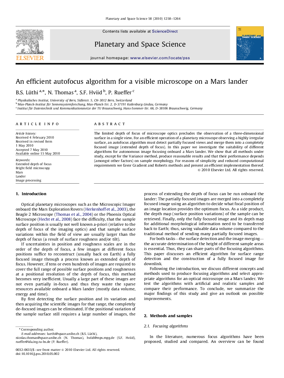 An efficient autofocus algorithm for a visible microscope on a Mars lander