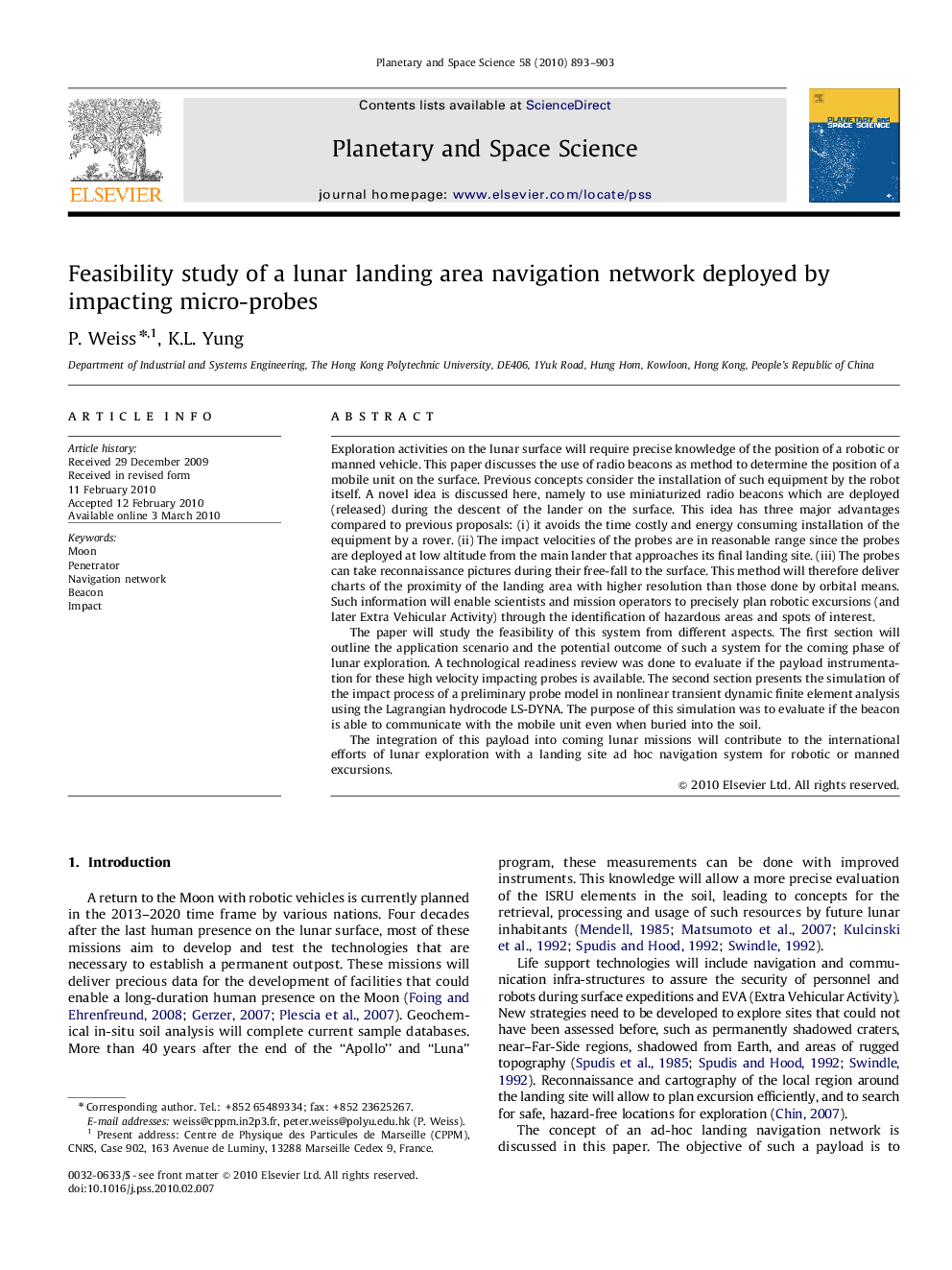 Feasibility study of a lunar landing area navigation network deployed by impacting micro-probes