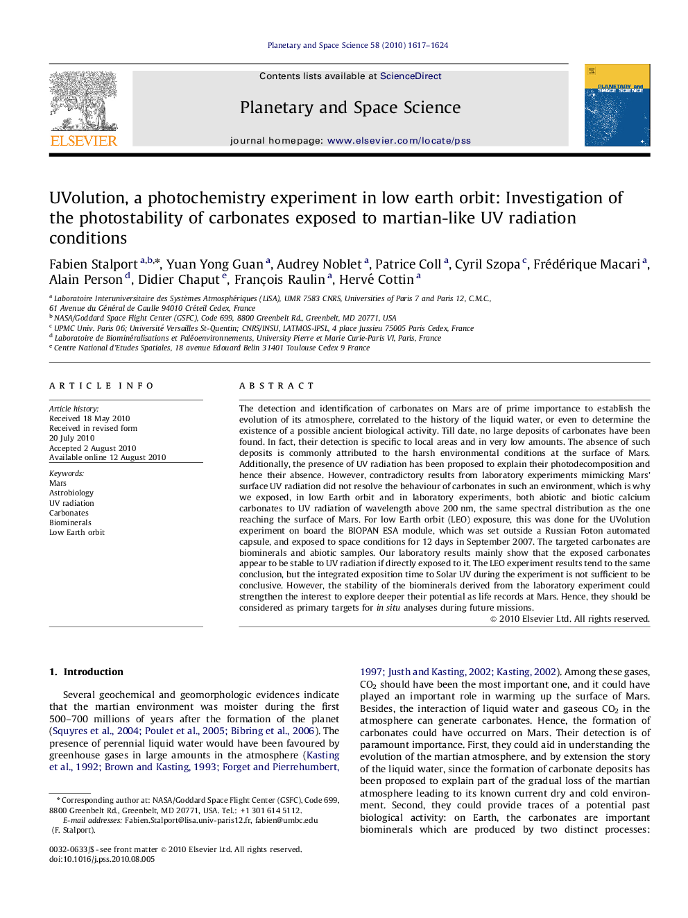 UVolution, a photochemistry experiment in low earth orbit: Investigation of the photostability of carbonates exposed to martian-like UV radiation conditions