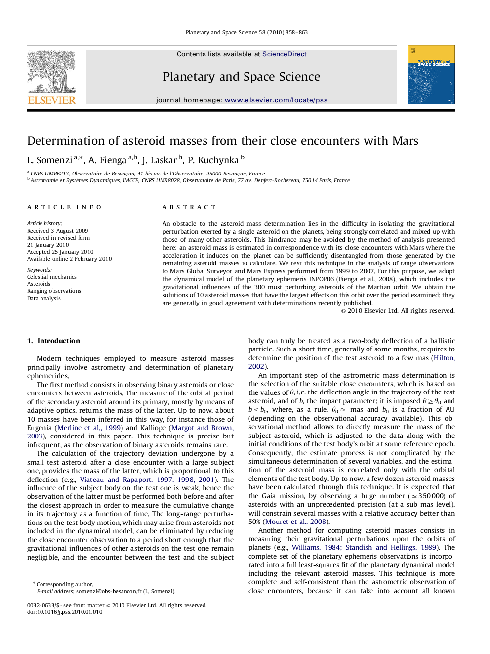 Determination of asteroid masses from their close encounters with Mars