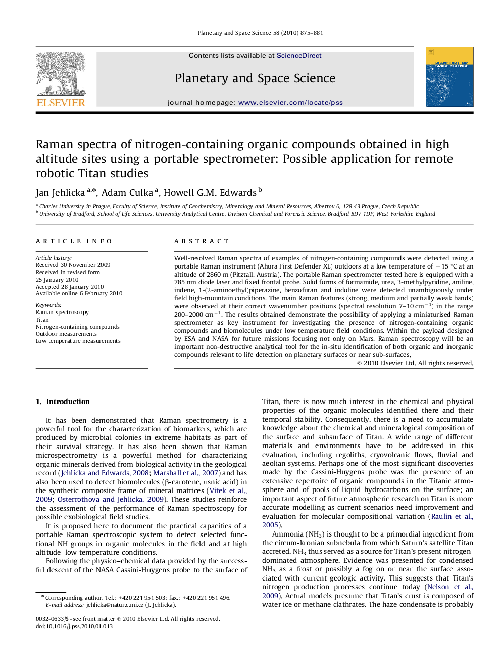 Raman spectra of nitrogen-containing organic compounds obtained in high altitude sites using a portable spectrometer: Possible application for remote robotic Titan studies