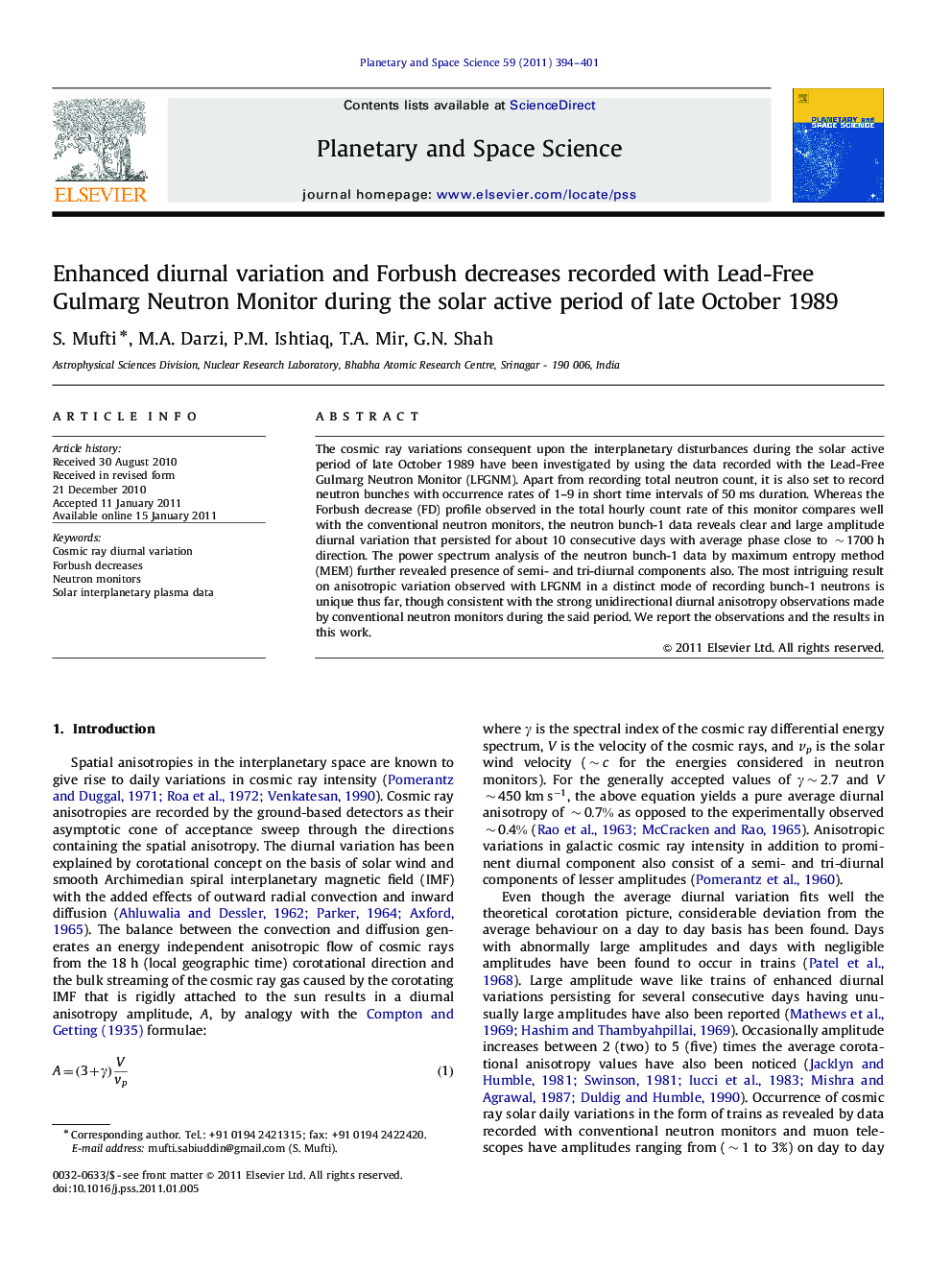 Enhanced diurnal variation and Forbush decreases recorded with Lead-Free Gulmarg Neutron Monitor during the solar active period of late October 1989