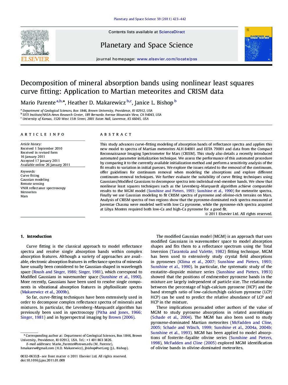 Decomposition of mineral absorption bands using nonlinear least squares curve fitting: Application to Martian meteorites and CRISM data