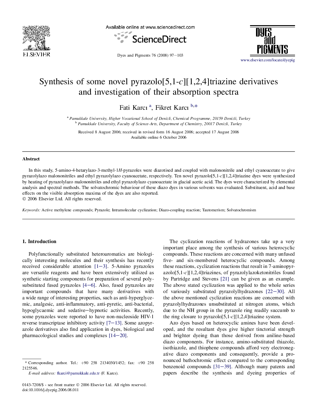 Synthesis of some novel pyrazolo[5,1-c][1,2,4]triazine derivatives and investigation of their absorption spectra