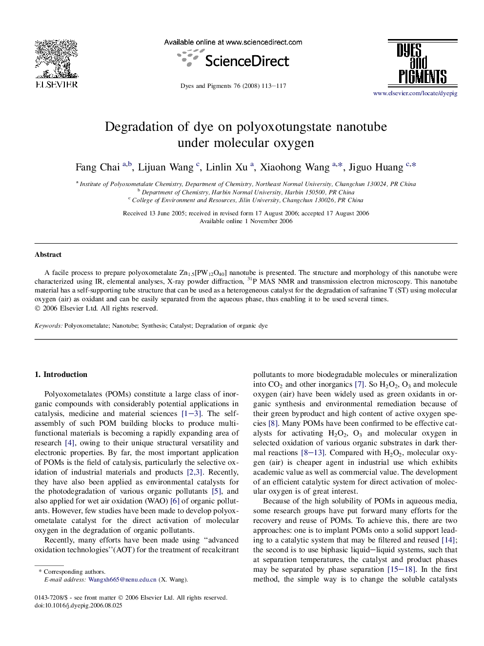 Degradation of dye on polyoxotungstate nanotube under molecular oxygen