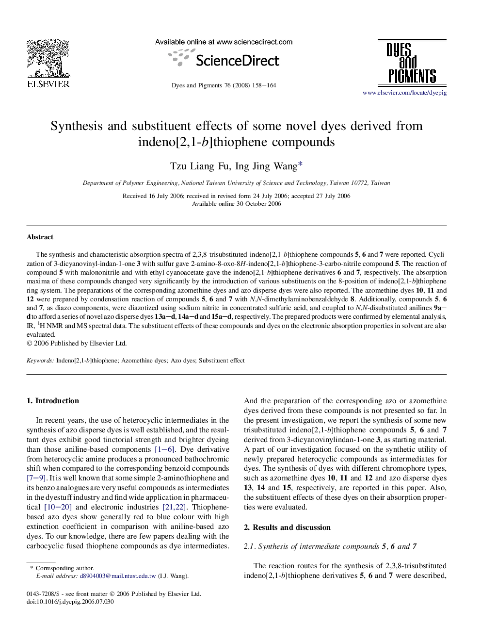 Synthesis and substituent effects of some novel dyes derived from indeno[2,1-b]thiophene compounds