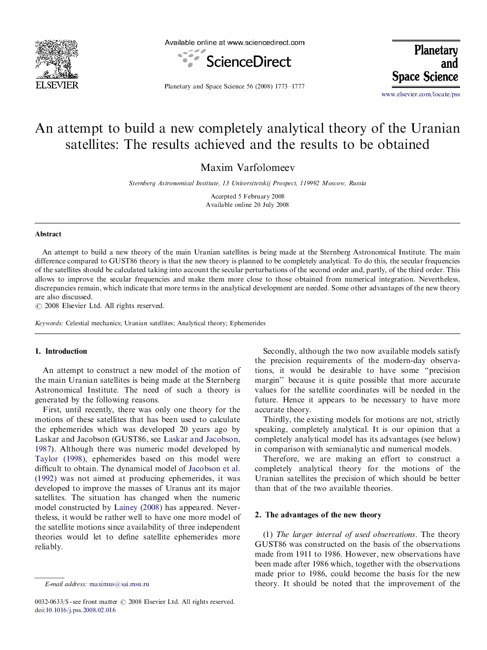 An attempt to build a new completely analytical theory of the Uranian satellites: The results achieved and the results to be obtained