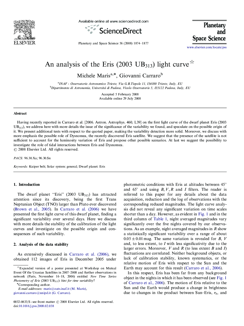 An analysis of the Eris (2003 UB313) light curve