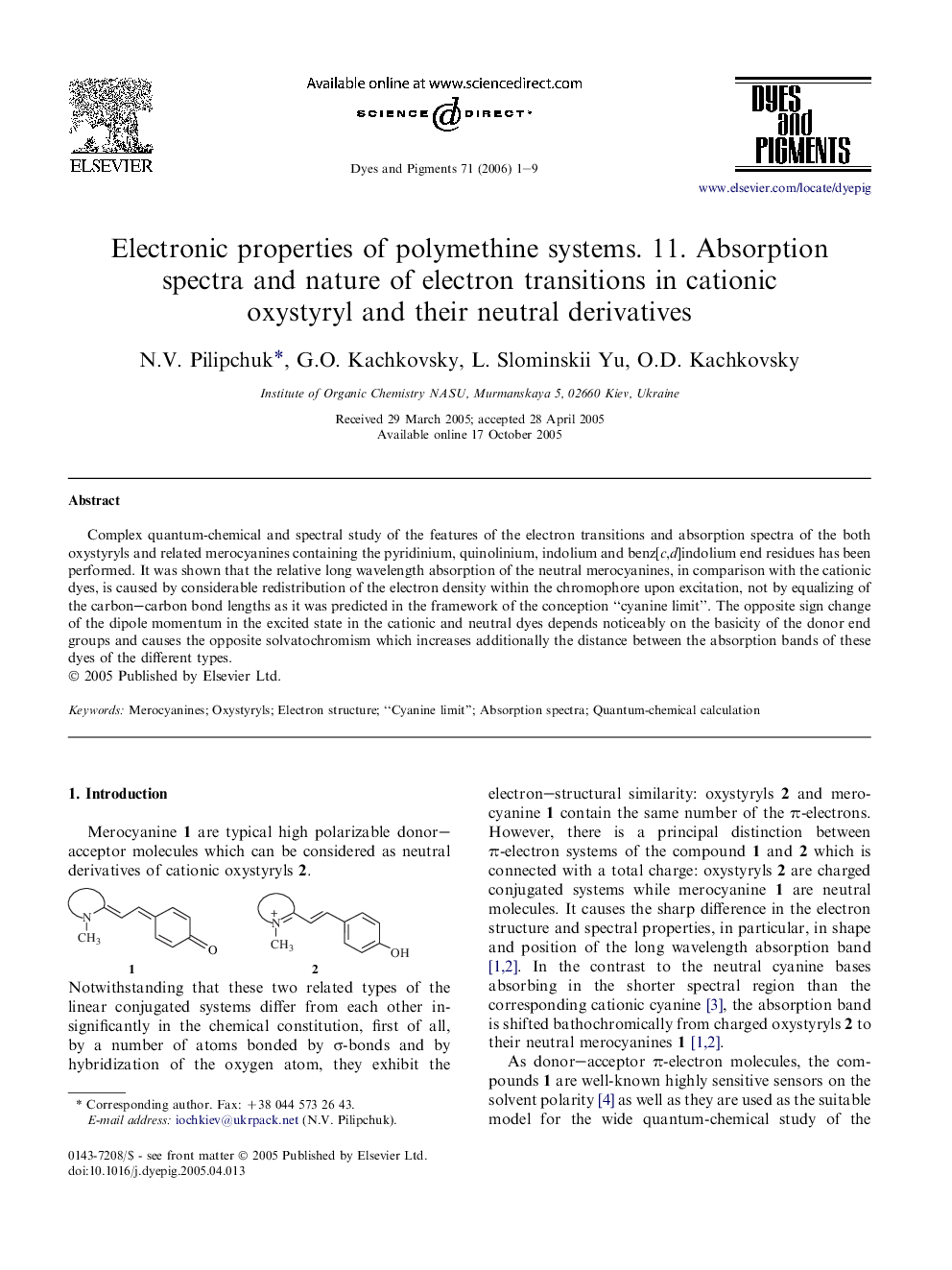 Electronic properties of polymethine systems. 11. Absorption spectra and nature of electron transitions in cationic oxystyryl and their neutral derivatives