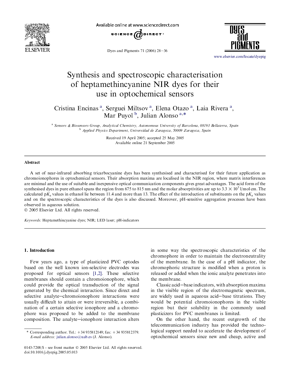 Synthesis and spectroscopic characterisation of heptamethincyanine NIR dyes for their use in optochemical sensors