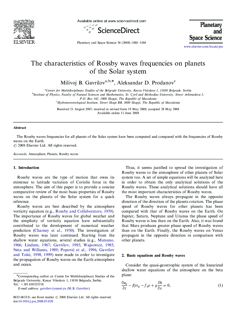 The characteristics of Rossby waves frequencies on planets of the Solar system