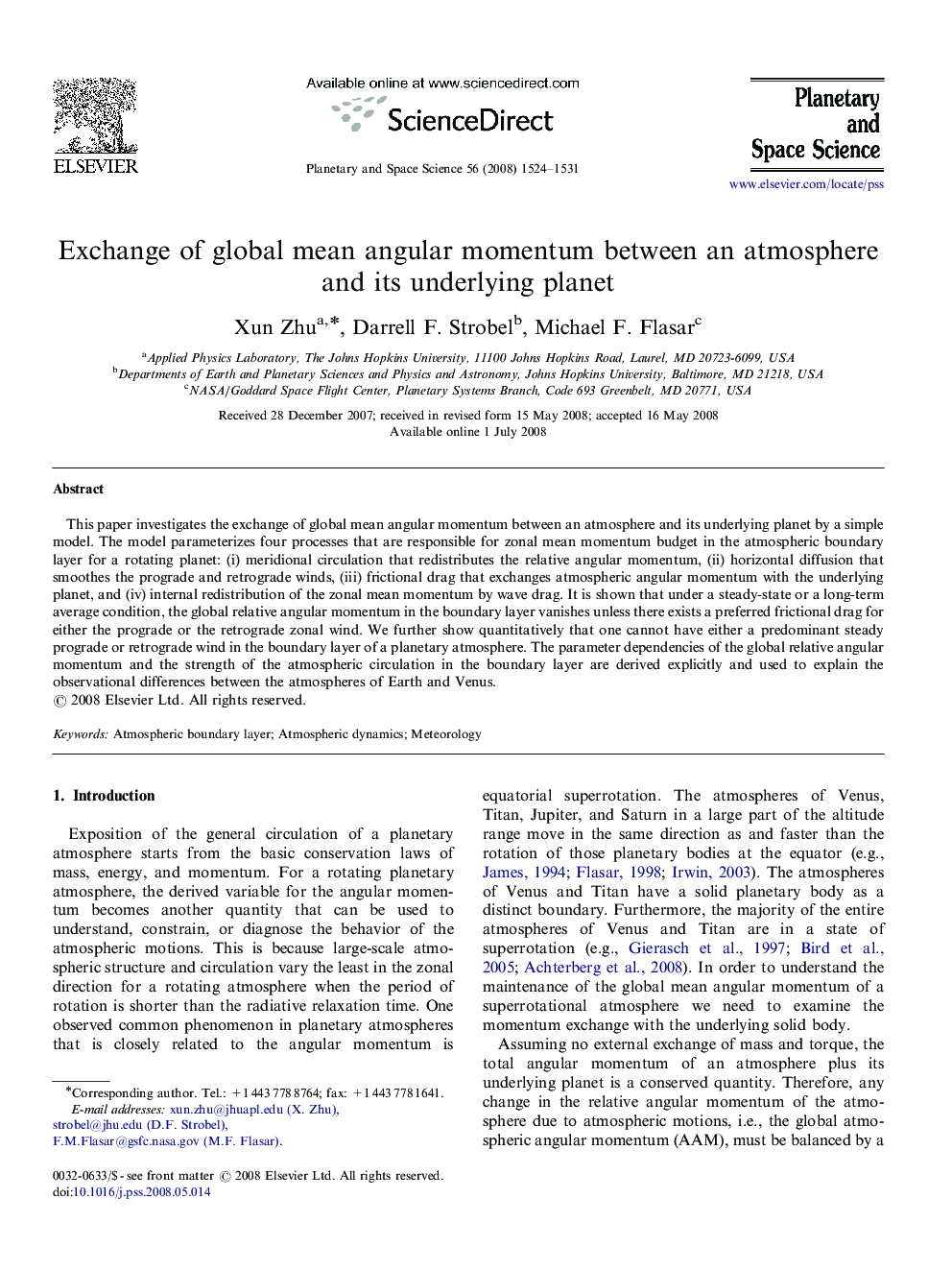 Exchange of global mean angular momentum between an atmosphere and its underlying planet