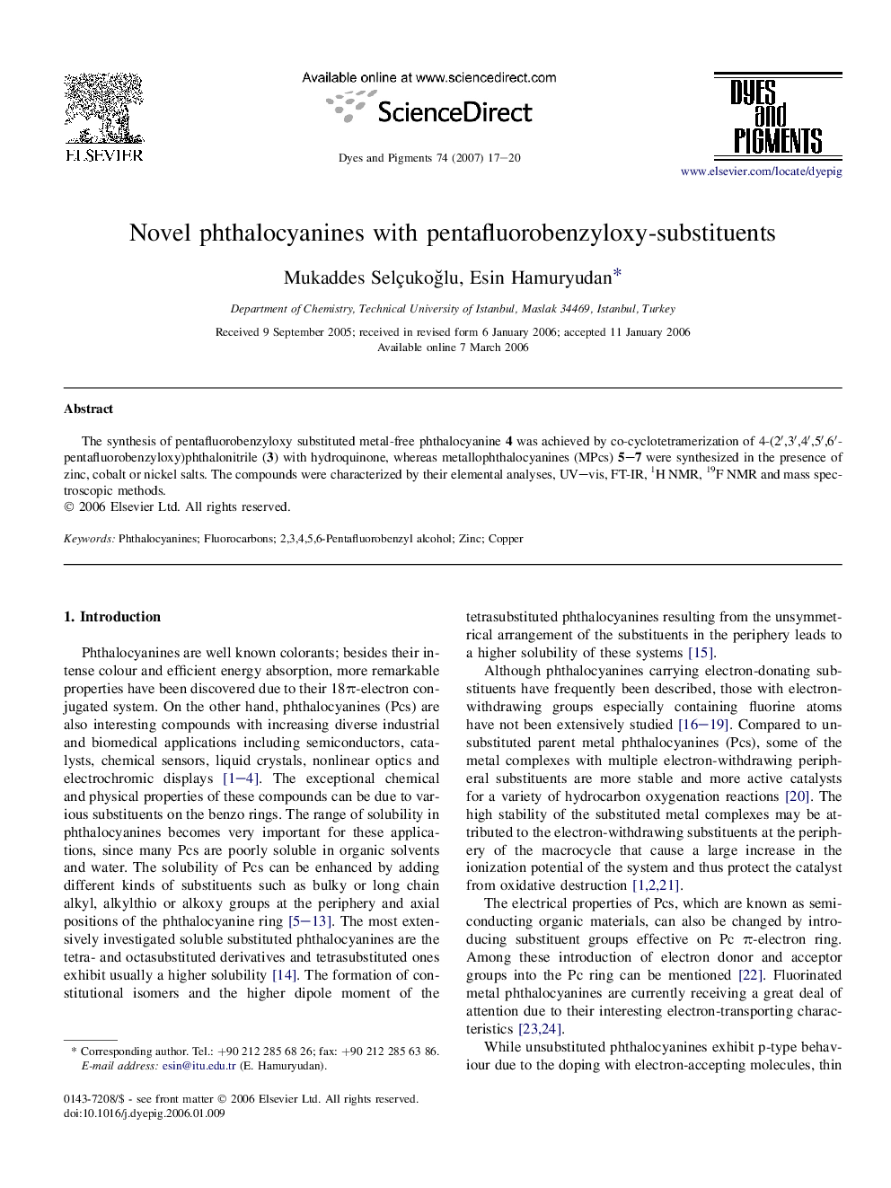 Novel phthalocyanines with pentafluorobenzyloxy-substituents