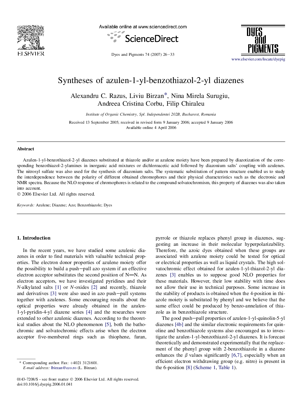 Syntheses of azulen-1-yl-benzothiazol-2-yl diazenes