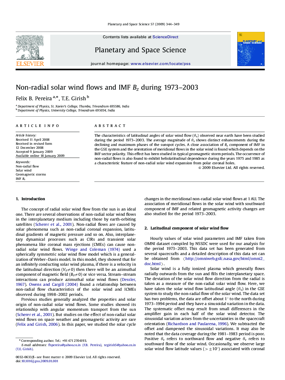 Non-radial solar wind flows and IMF Bz during 1973-2003