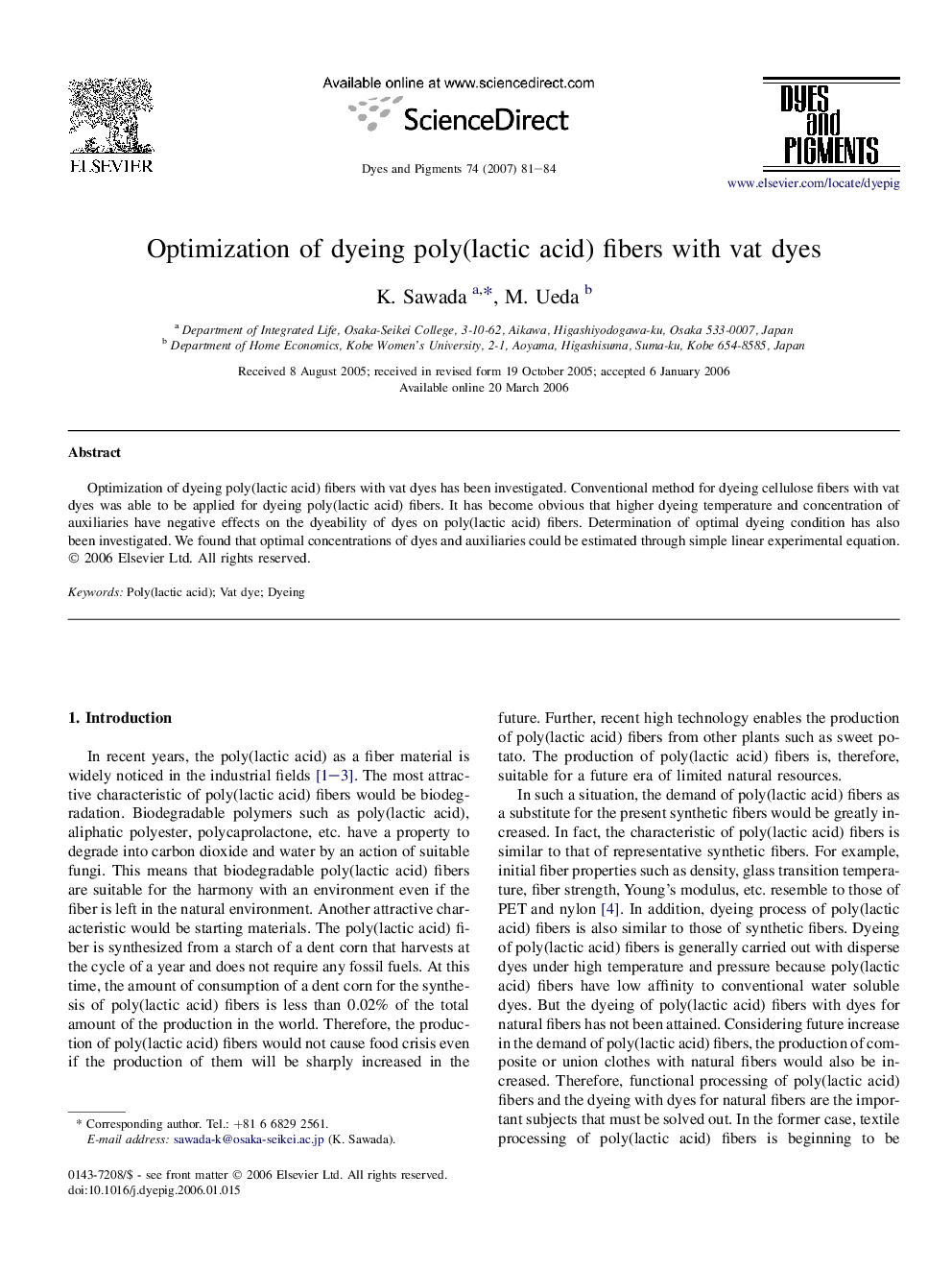 Optimization of dyeing poly(lactic acid) fibers with vat dyes