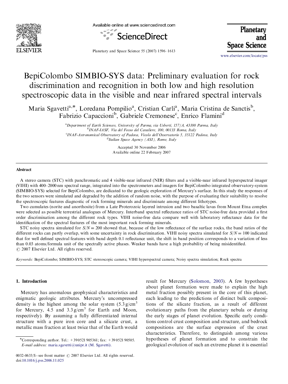 BepiColombo SIMBIO-SYS data: Preliminary evaluation for rock discrimination and recognition in both low and high resolution spectroscopic data in the visible and near infrared spectral intervals