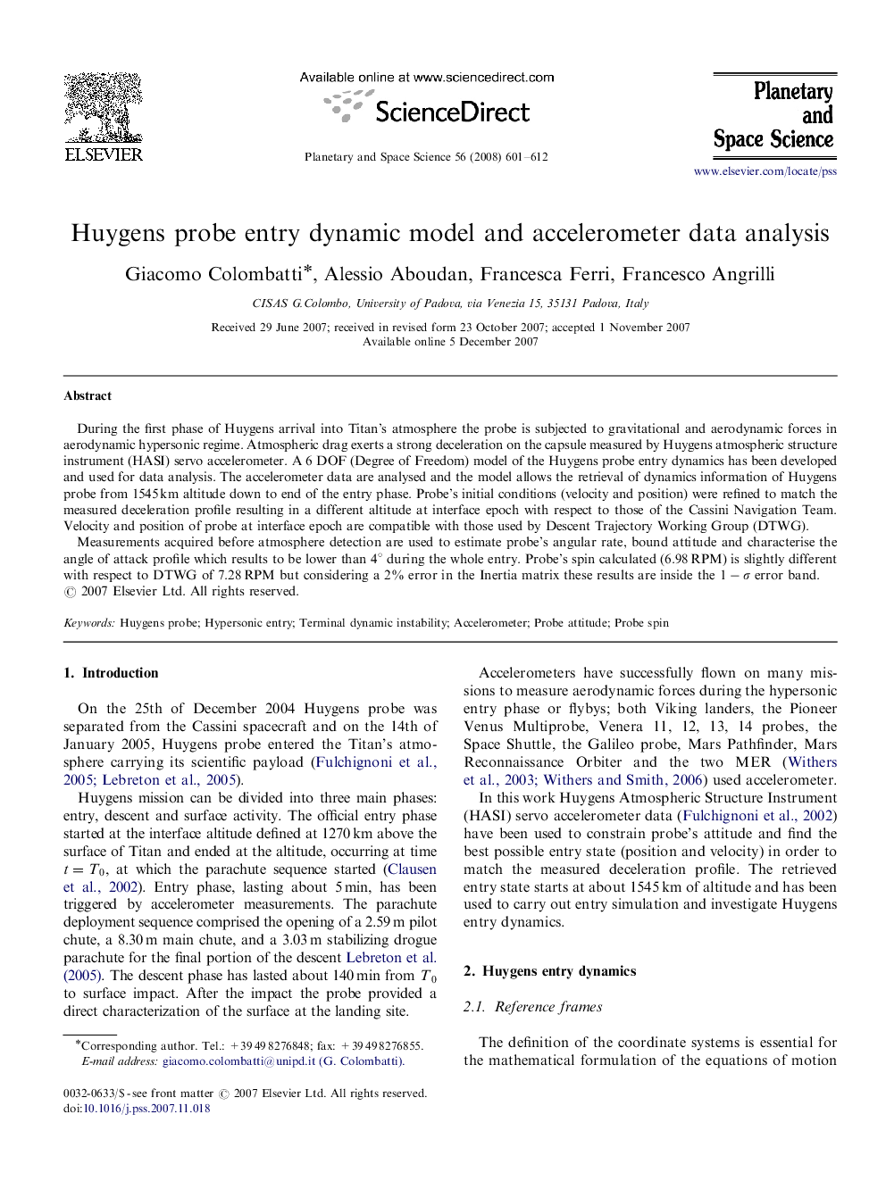 Huygens probe entry dynamic model and accelerometer data analysis