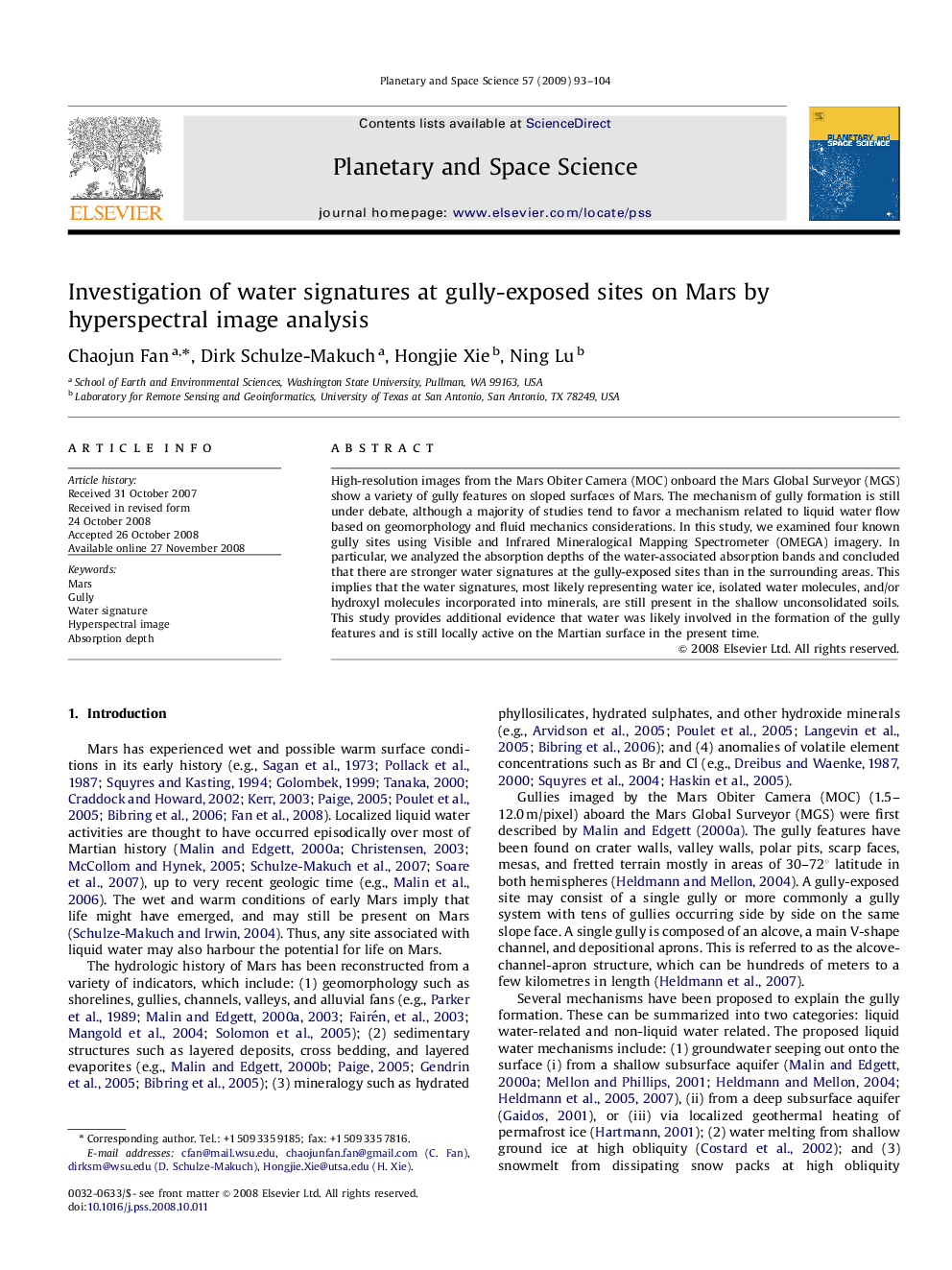 Investigation of water signatures at gully-exposed sites on Mars by hyperspectral image analysis