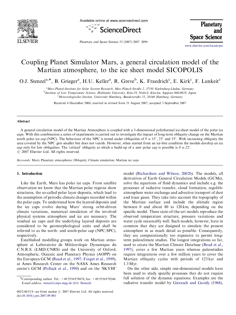 Coupling Planet Simulator Mars, a general circulation model of the Martian atmosphere, to the ice sheet model SICOPOLIS