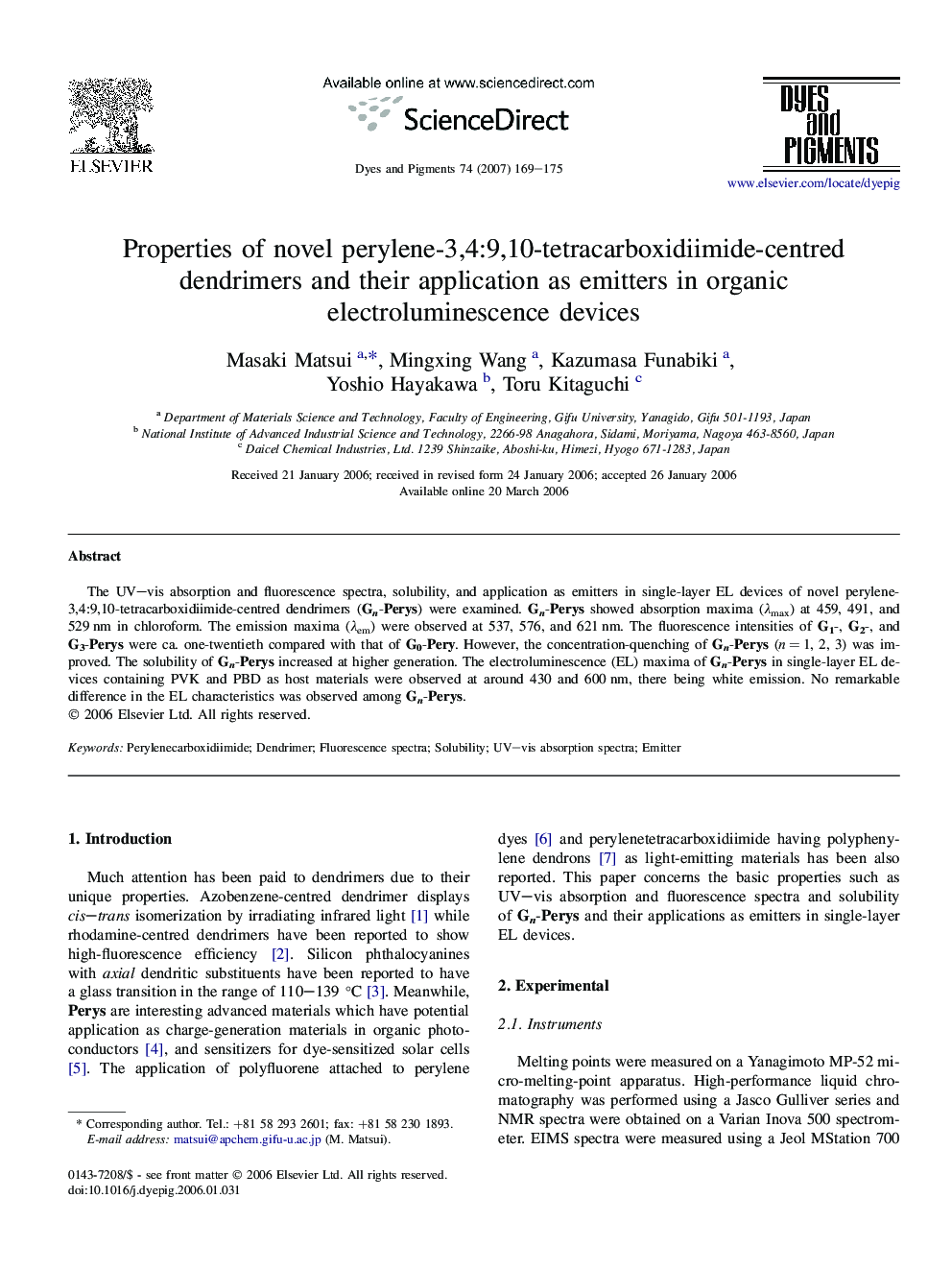 Properties of novel perylene-3,4:9,10-tetracarboxidiimide-centred dendrimers and their application as emitters in organic electroluminescence devices