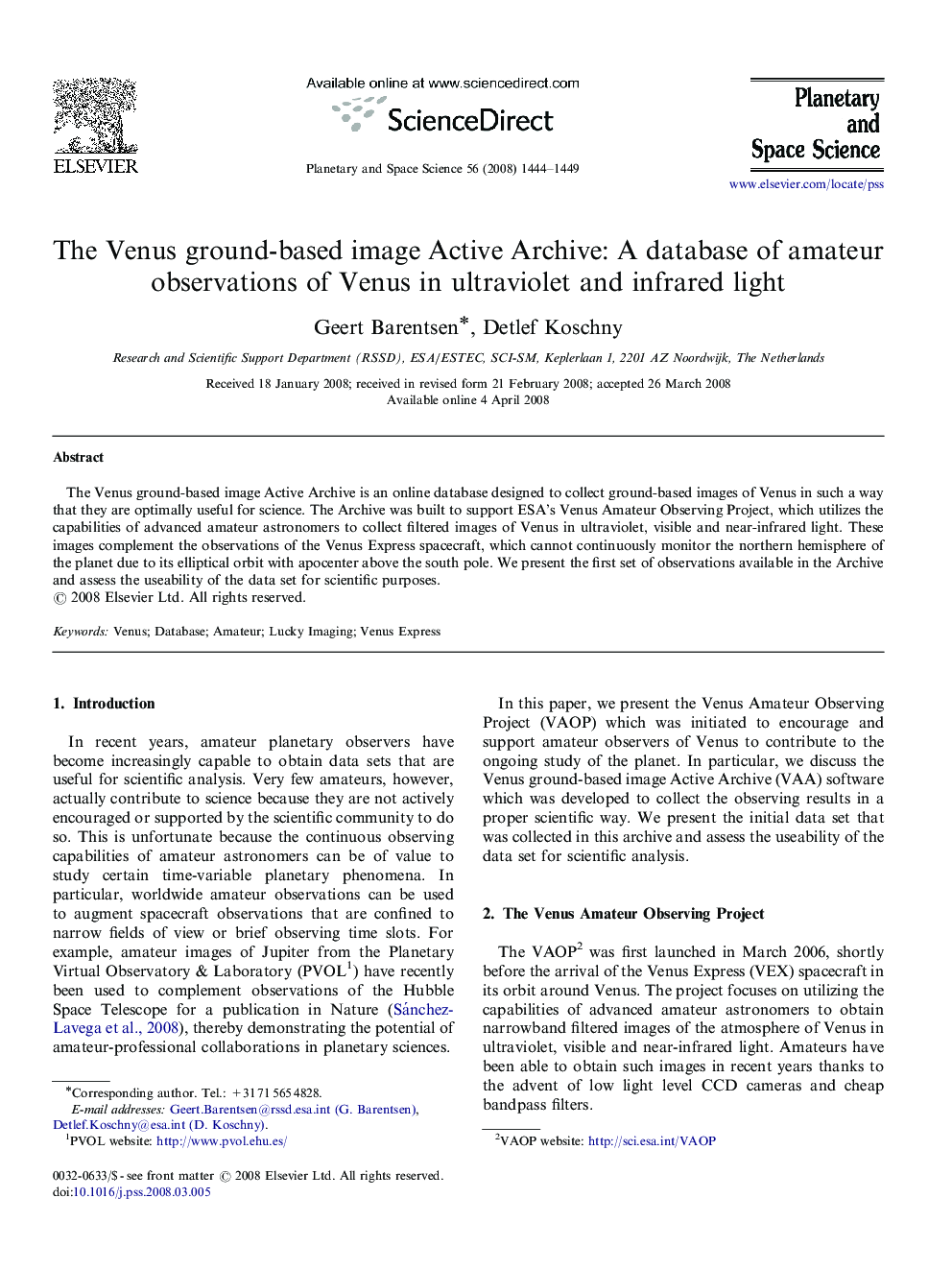 The Venus ground-based image Active Archive: A database of amateur observations of Venus in ultraviolet and infrared light