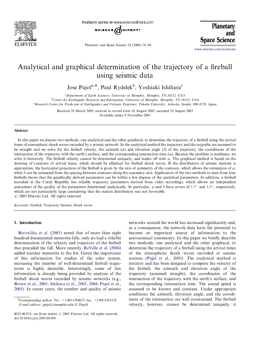 Analytical and graphical determination of the trajectory of a fireball using seismic data