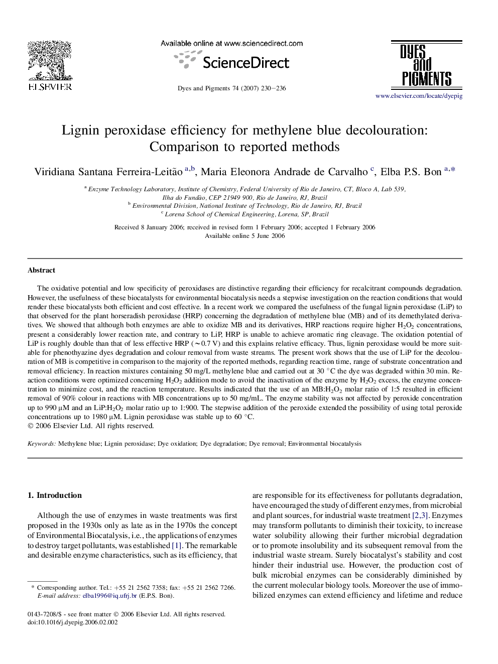 Lignin peroxidase efficiency for methylene blue decolouration: Comparison to reported methods