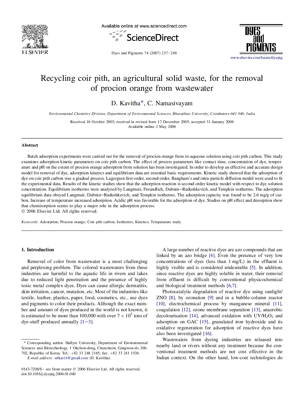 Recycling coir pith, an agricultural solid waste, for the removal of procion orange from wastewater