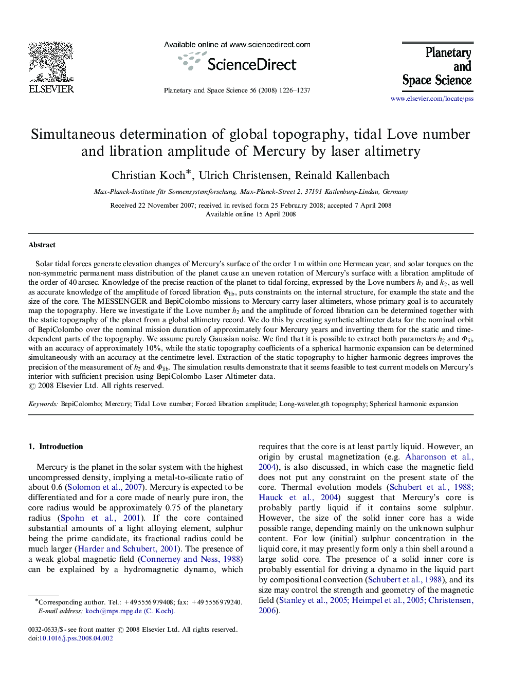 Simultaneous determination of global topography, tidal Love number and libration amplitude of Mercury by laser altimetry