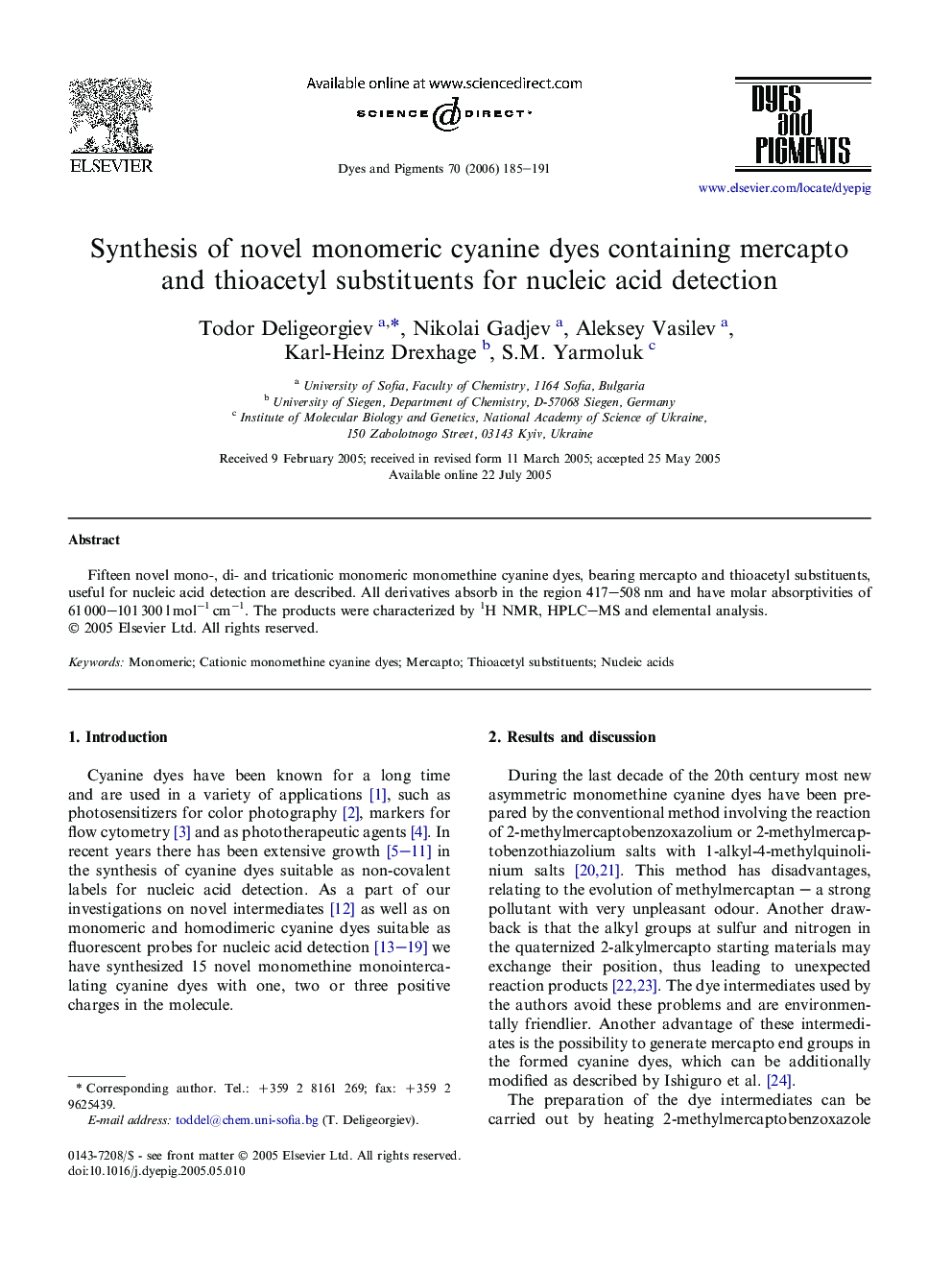 Synthesis of novel monomeric cyanine dyes containing mercapto and thioacetyl substituents for nucleic acid detection