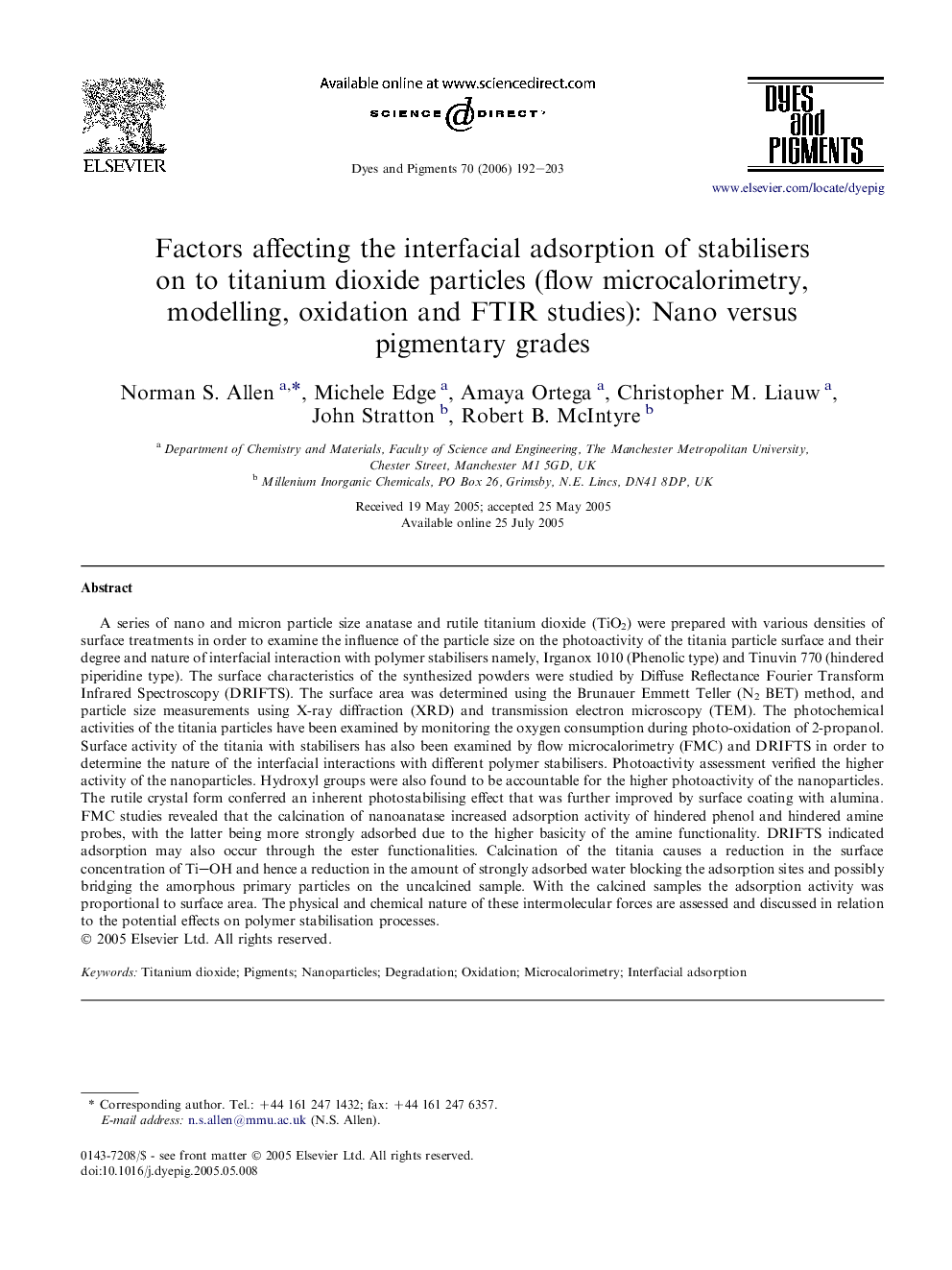 Factors affecting the interfacial adsorption of stabilisers on to titanium dioxide particles (flow microcalorimetry, modelling, oxidation and FTIR studies): Nano versus pigmentary grades