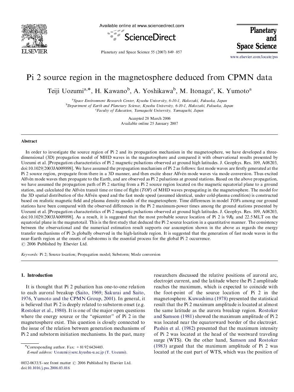 Pi 2 source region in the magnetosphere deduced from CPMN data