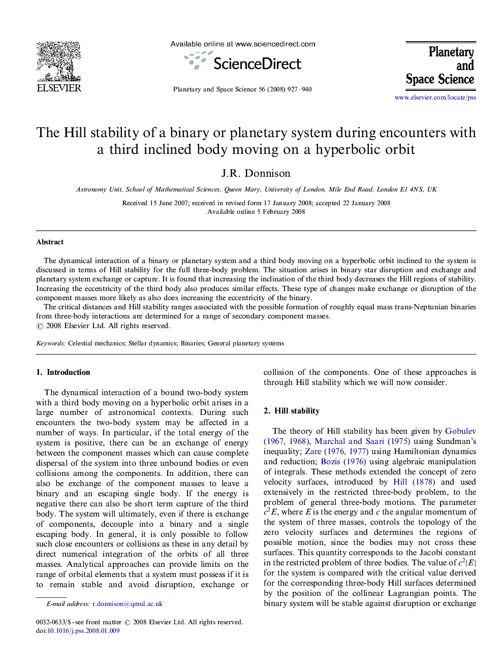The Hill stability of a binary or planetary system during encounters with a third inclined body moving on a hyperbolic orbit