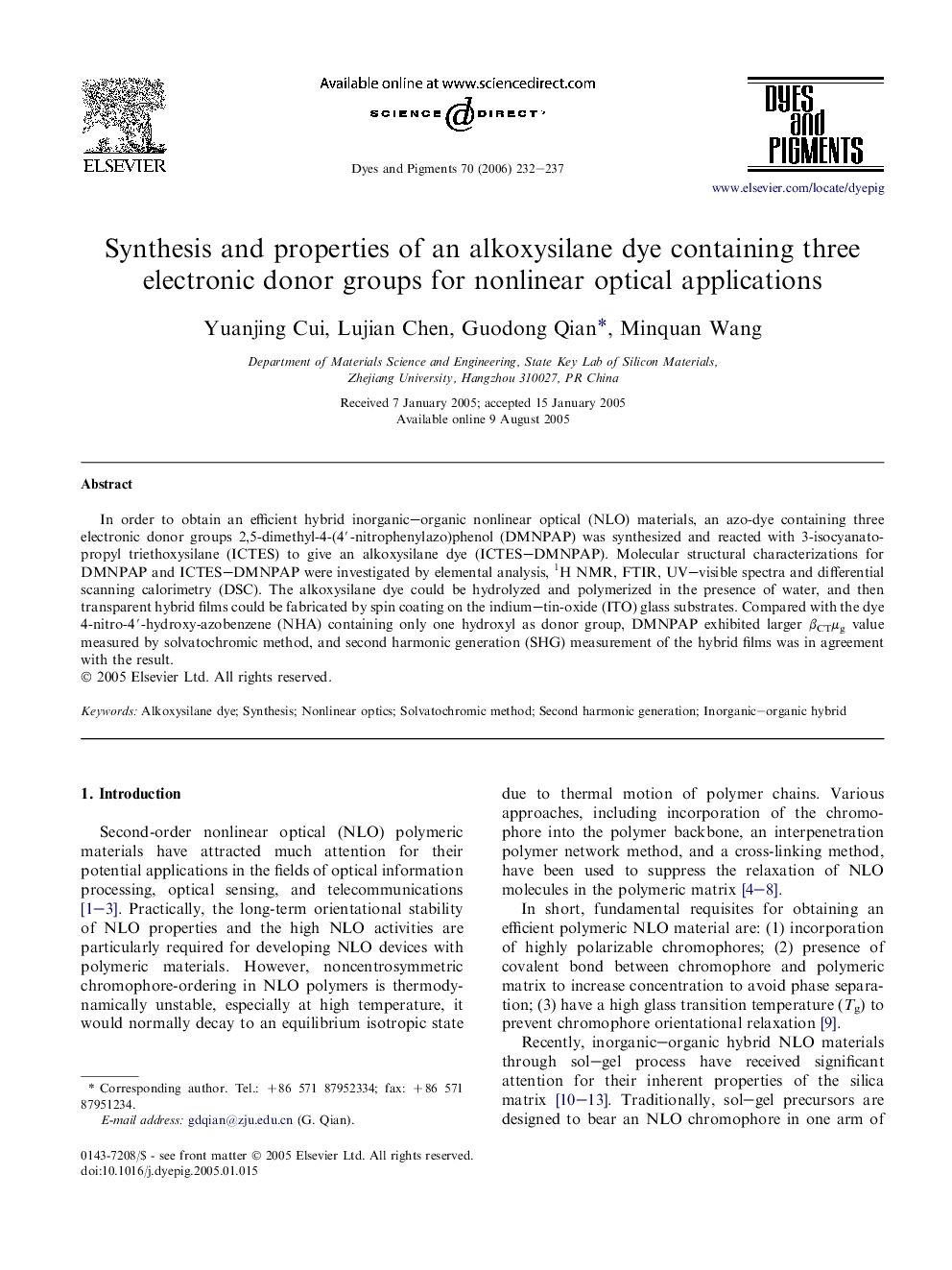 Synthesis and properties of an alkoxysilane dye containing three electronic donor groups for nonlinear optical applications