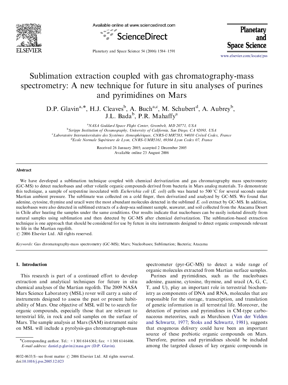 Sublimation extraction coupled with gas chromatography-mass spectrometry: A new technique for future in situ analyses of purines and pyrimidines on Mars