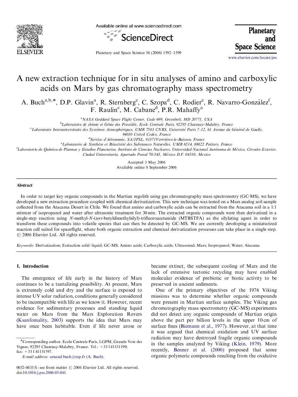 A new extraction technique for in situ analyses of amino and carboxylic acids on Mars by gas chromatography mass spectrometry