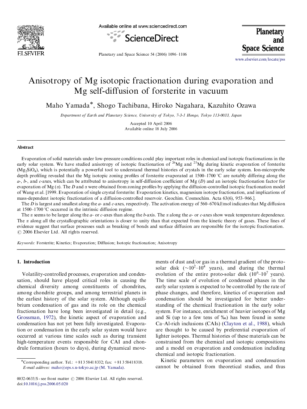 Anisotropy of Mg isotopic fractionation during evaporation and Mg self-diffusion of forsterite in vacuum