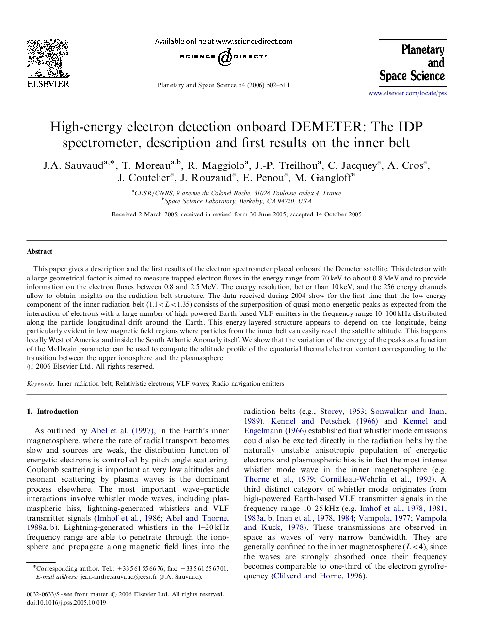 High-energy electron detection onboard DEMETER: The IDP spectrometer, description and first results on the inner belt