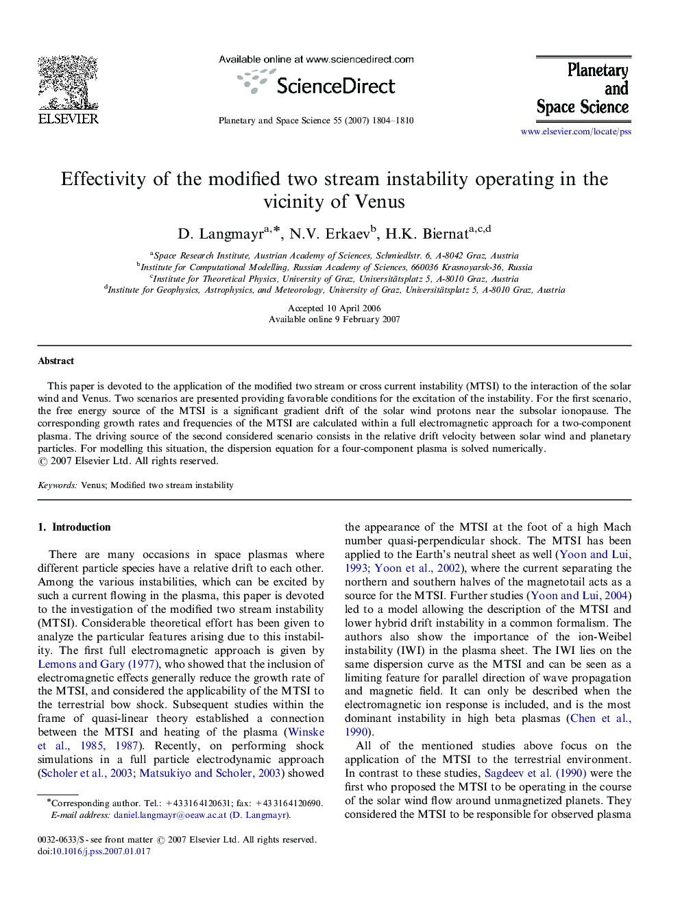 Effectivity of the modified two stream instability operating in the vicinity of Venus