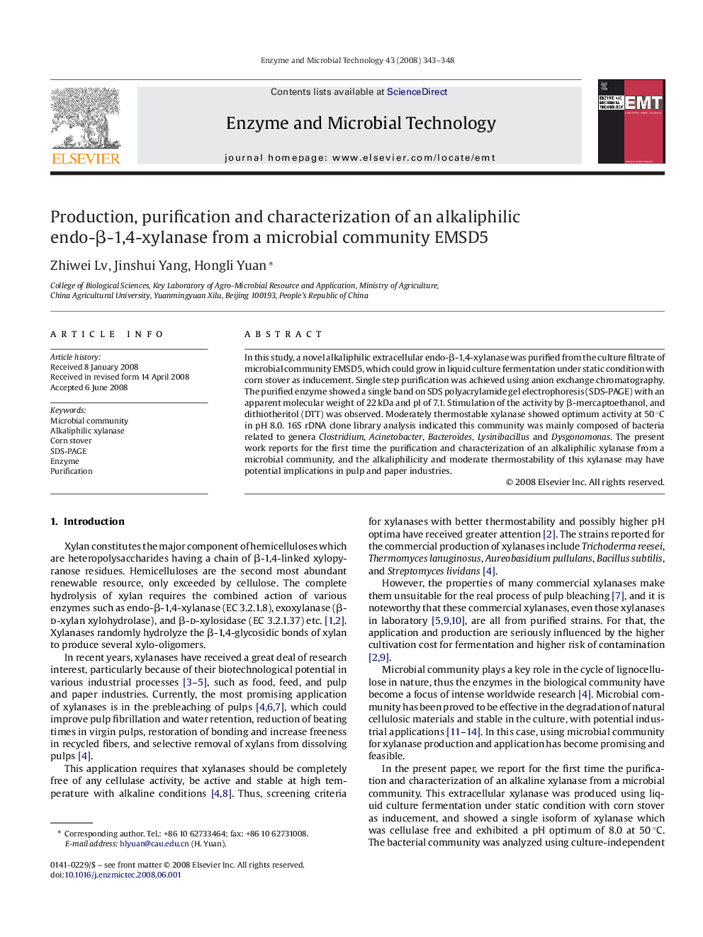 Production, purification and characterization of an alkaliphilic endo-β-1,4-xylanase from a microbial community EMSD5