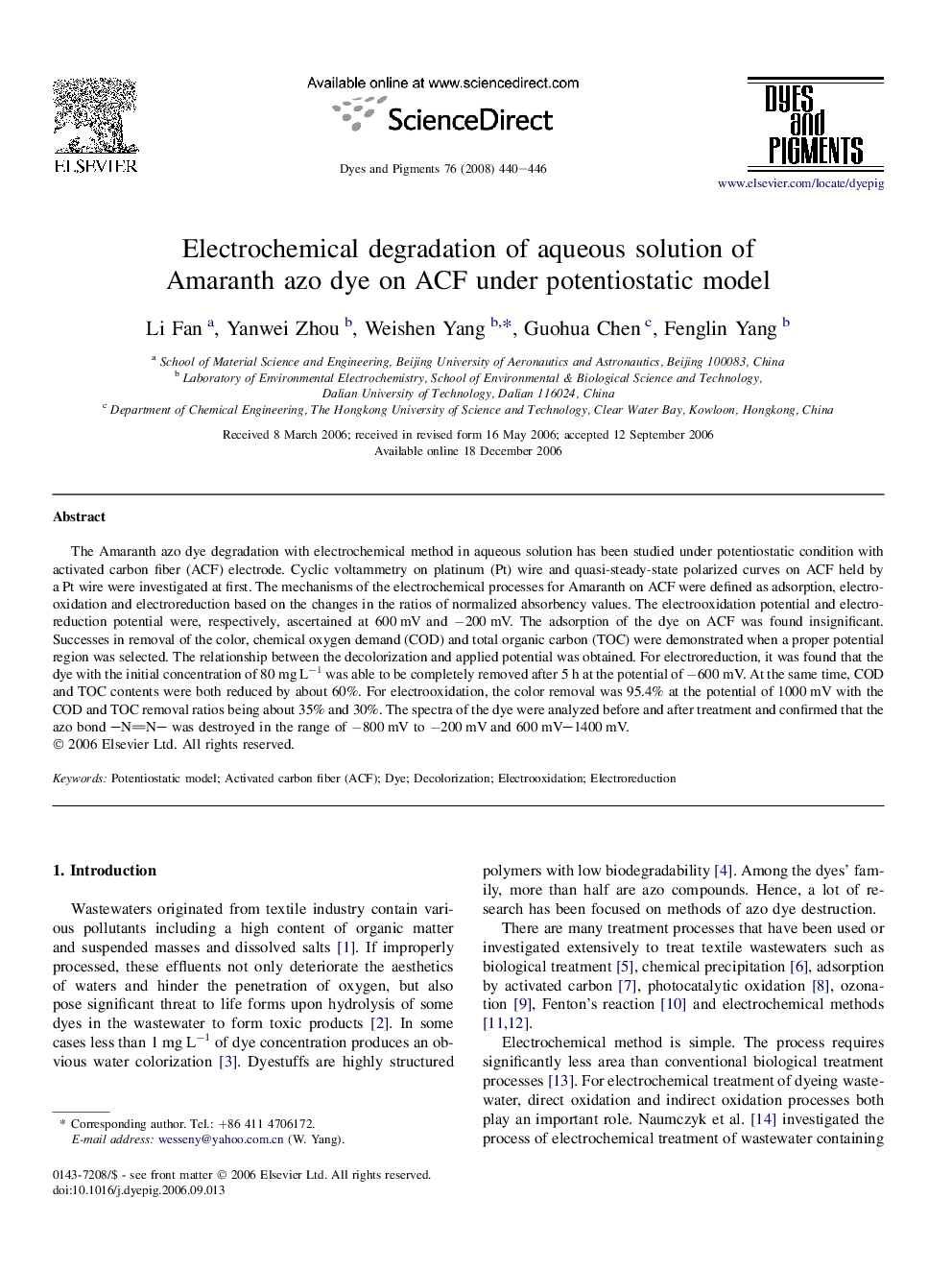 Electrochemical degradation of aqueous solution of Amaranth azo dye on ACF under potentiostatic model