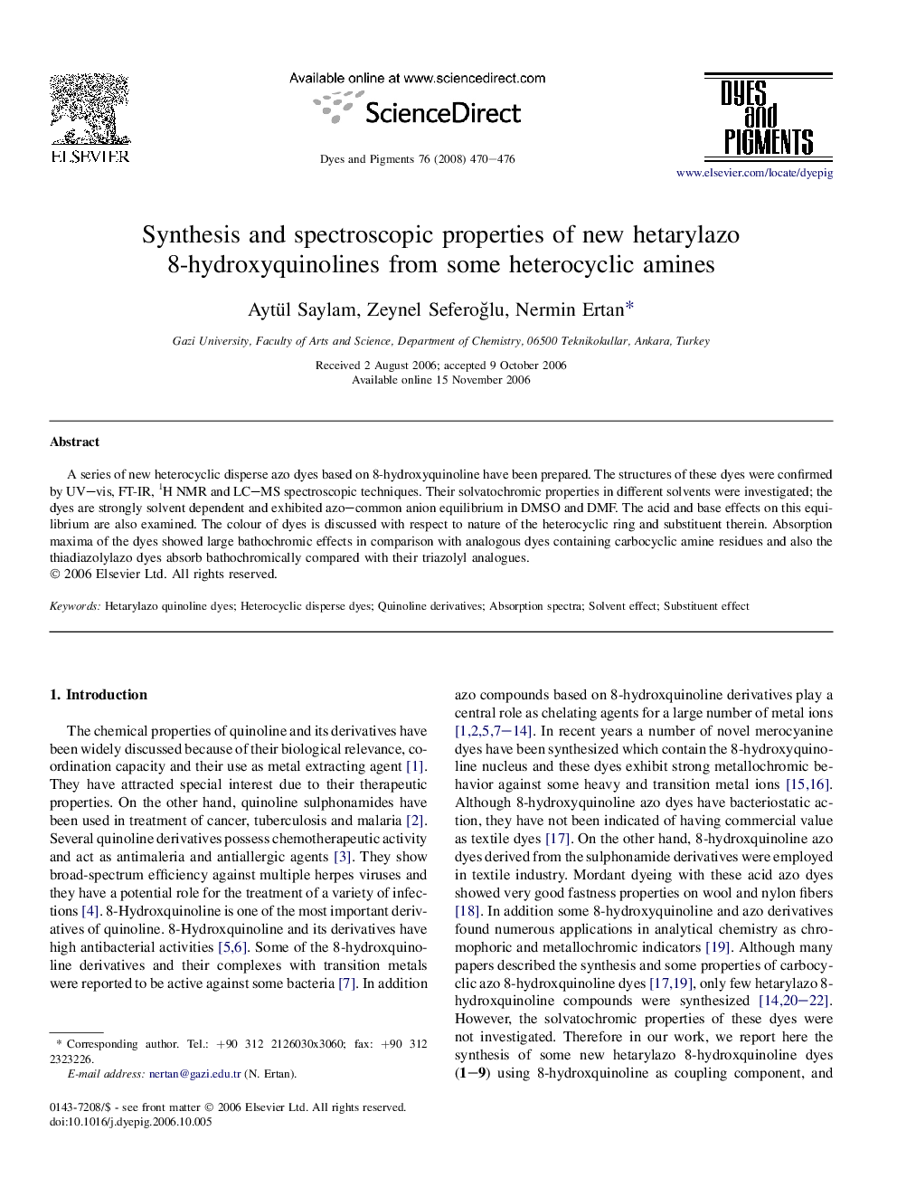 Synthesis and spectroscopic properties of new hetarylazo 8-hydroxyquinolines from some heterocyclic amines