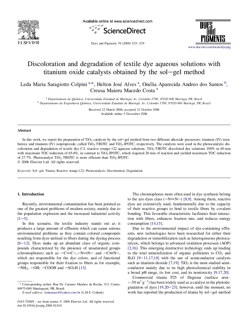 Discoloration and degradation of textile dye aqueous solutions with titanium oxide catalysts obtained by the sol–gel method